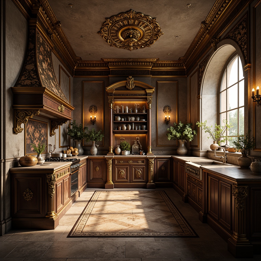 Prompt: Ornate Baroque kitchen, lavish gold accents, rich wood tones, intricately carved cabinetry, luxurious marble countertops, ornamental metal fixtures, distressed stone walls, warm candlelight, soft shadows, 1/1 composition, shallow depth of field, realistic textures, ambient occlusion, dramatic chiaroscuro lighting.