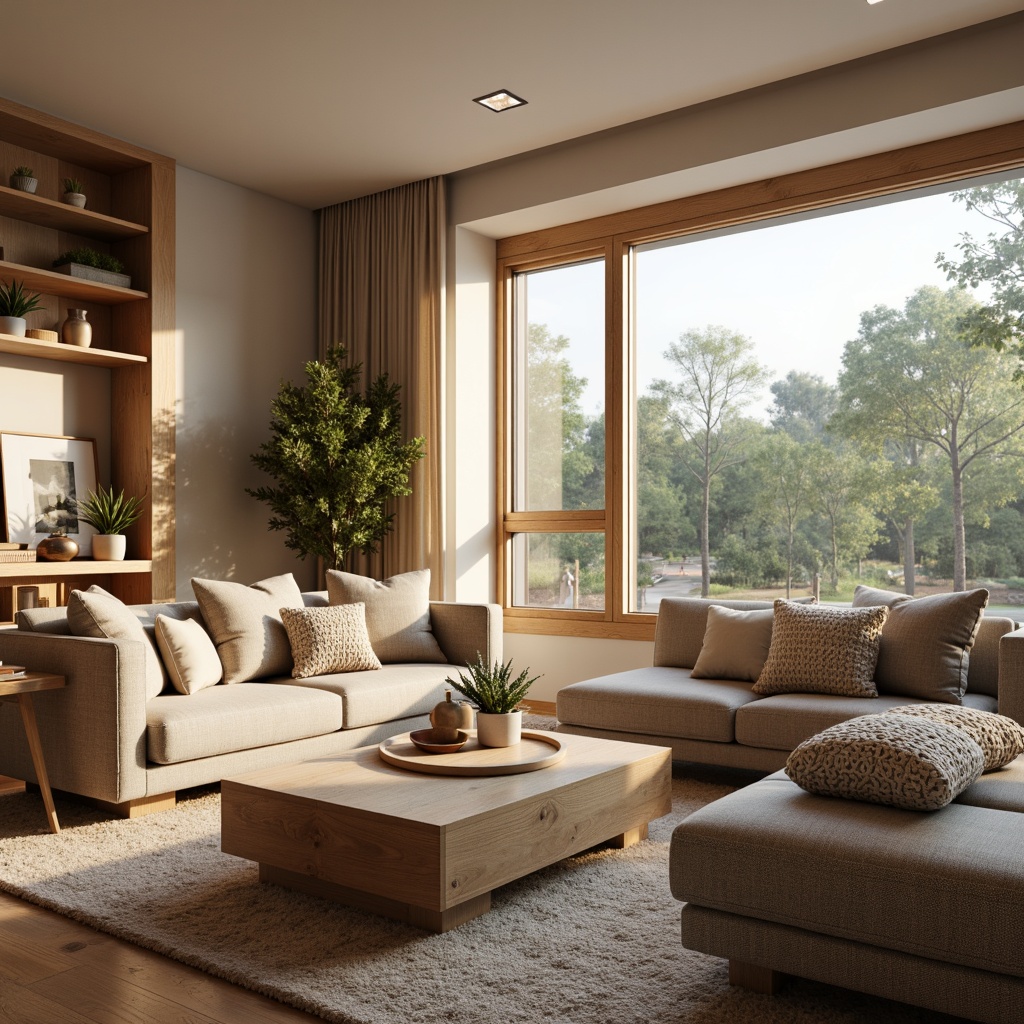 Prompt: Cozy living room, plush throw blankets, soft velvety sofas, warm beige carpeting, natural wood accents, modern minimalist decor, large windows, abundant natural light, calming color palette, soothing ambient lighting, 3/4 composition, shallow depth of field, realistic textures, subtle fabric patterns, woven upholstery, chunky knit pillows, tactile experience, inviting atmosphere.