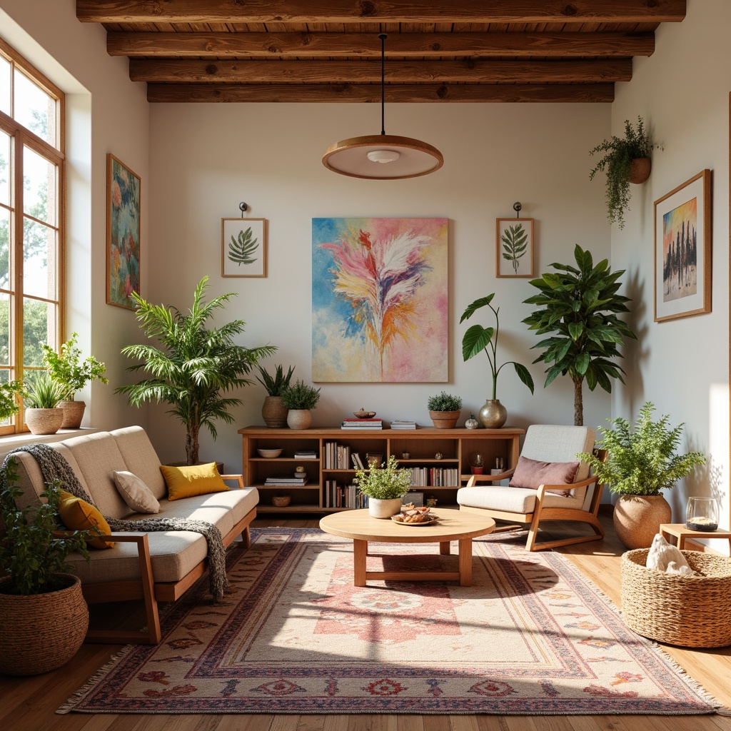 Prompt: Vibrant artistic studio, pastel color scheme, soft warm lighting, natural textures, wooden accents, earthy tones, bohemian-inspired decor, eclectic furniture, colorful rugs, abstract artwork, gentle color transitions, soothing ambiance, relaxed atmosphere, 1/1 composition, shallow depth of field, realistic renderings.