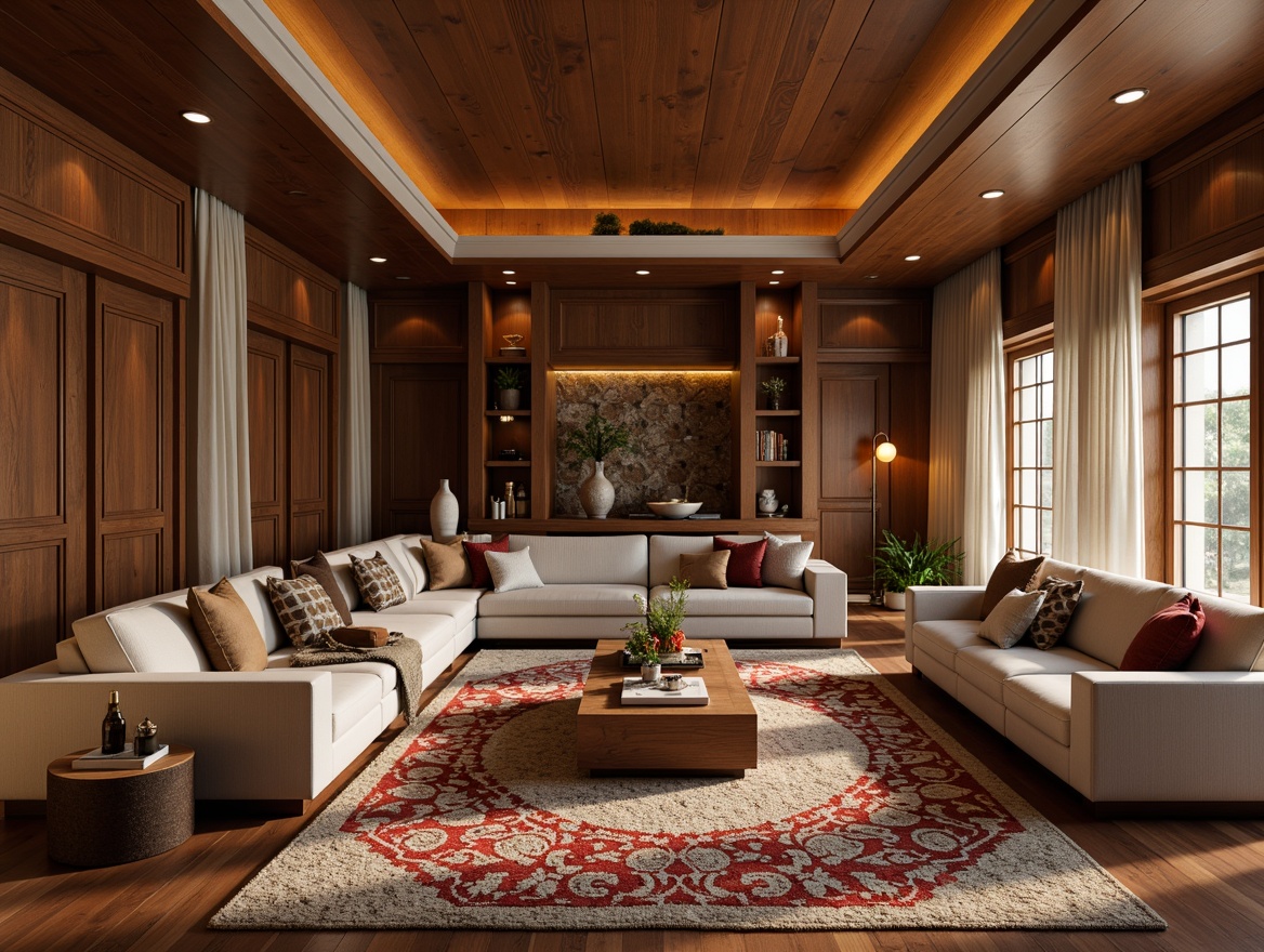 Prompt: Luxurious living room, plush area rugs, soft warm lighting, cozy seating arrangements, hardwood floors, rich wood tones, polished finishes, natural stone inlays, ceramic tile accents, geometric patterned carpets, Moroccan-inspired textiles, comfortable underfoot feel, sound-absorbing materials, acoustic comfort, 1/1 composition, realistic textures, ambient occlusion.