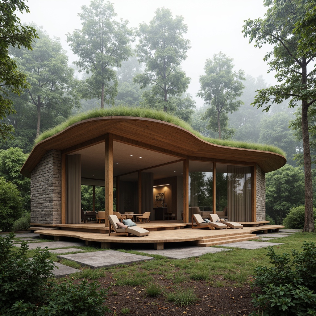 Prompt: Organic pavilion structure, reclaimed wood accents, living green roofs, natural stone walls, earthy tone color palette, bamboo flooring, large glass windows, minimal ornamentation, seamless integration with surroundings, serene forest environment, misty atmosphere, soft diffused lighting, shallow depth of field, 1/1 composition, realistic textures, ambient occlusion.