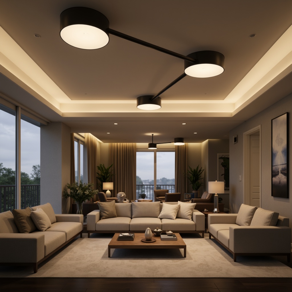 Prompt: Modern interior design, sleek ceiling lights, pendant lamps, warm ambient glow, soft white tones, cozy living room, contemporary furniture, minimalist decor, polished chrome accents, recessed lighting, subtle shadows, 3/4 composition, shallow depth of field, realistic textures, ambient occlusion.