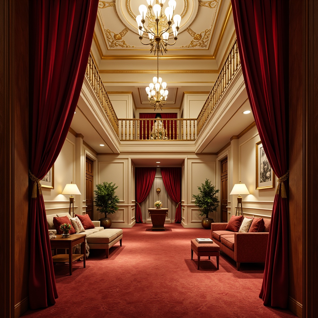 Prompt: Rich velvet curtains, luxurious golden balconies, ornate plaster ceilings, soft warm lighting, intimate setting, dramatic spotlights, elegant red carpets, refined wooden accents, sophisticated cream walls, majestic high ceilings, grand chandeliers, intricate moldings, subtle shadowing, 1/2 composition, cinematic atmosphere, realistic textures, ambient occlusion.