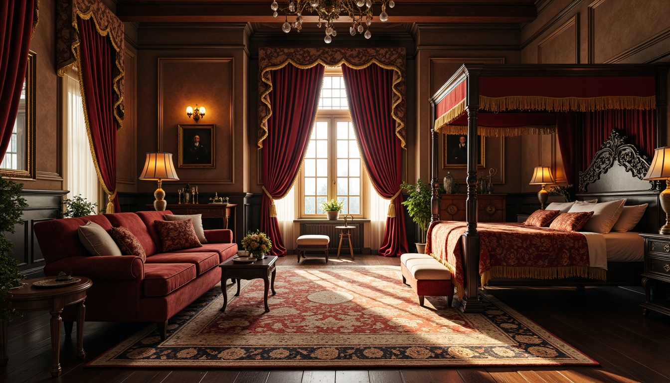 Prompt: Opulent Victorian-era mansion, intricately patterned rugs, luxurious velvet fabrics, richly embroidered upholstery, ornate tassel trimmings, plush pile carpets, grandiose drapery, heavily layered curtains, majestic four-poster beds, carved wooden furniture, gilded accents, warm golden lighting, soft focus photography, 1/1 composition, intimate atmosphere, realistic textures.