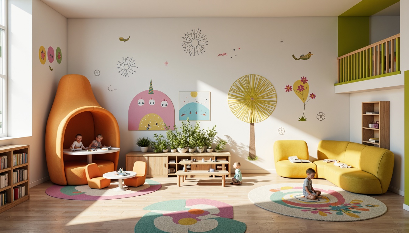 Prompt: Vibrant kindergarten interior, playful rounded shapes, soft pastel colors, whimsical wall murals, educational posters, colorful rug patterns, natural wood accents, cozy reading nooks, circular tables, tiny chairs, stimulating activity centers, interactive play structures, abundant daylight, warm white lighting, shallow depth of field, 1/2 composition, realistic textures, ambient occlusion.