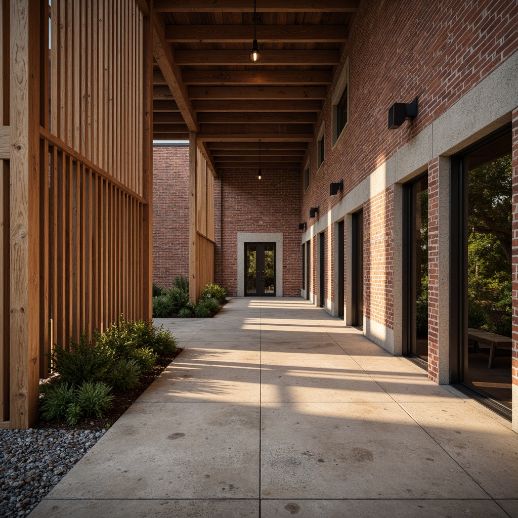 Prompt: Rustic brick facades, weathered stone walls, wooden accents, natural wood grains, earthy color palette, organic shapes, irregular textures, brutalist architecture, modern industrial chic, exposed ductwork, polished concrete floors, distressed metal cladding, geometric patterned tiles, ambient lighting, warm color tones, shallow depth of field, 2/3 composition, realistic renderings.