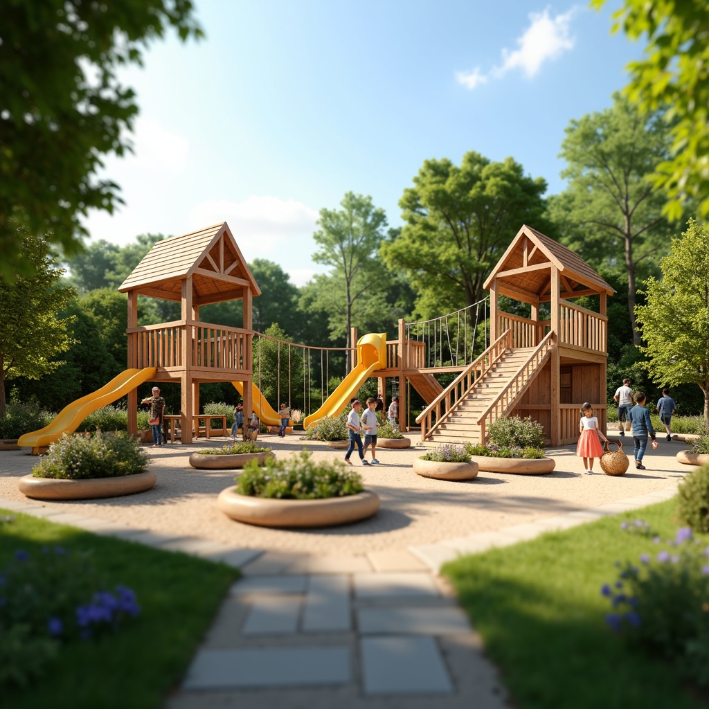 Prompt: Whimsical kindergarten playground, traditional wooden play structures, bright primary colors, rustic rope bridges, classic slide designs, sandbox areas, natural stone pathways, blooming flower beds, lush green grass, sunny day, soft warm lighting, shallow depth of field, 3/4 composition, panoramic view, realistic textures, ambient occlusion.