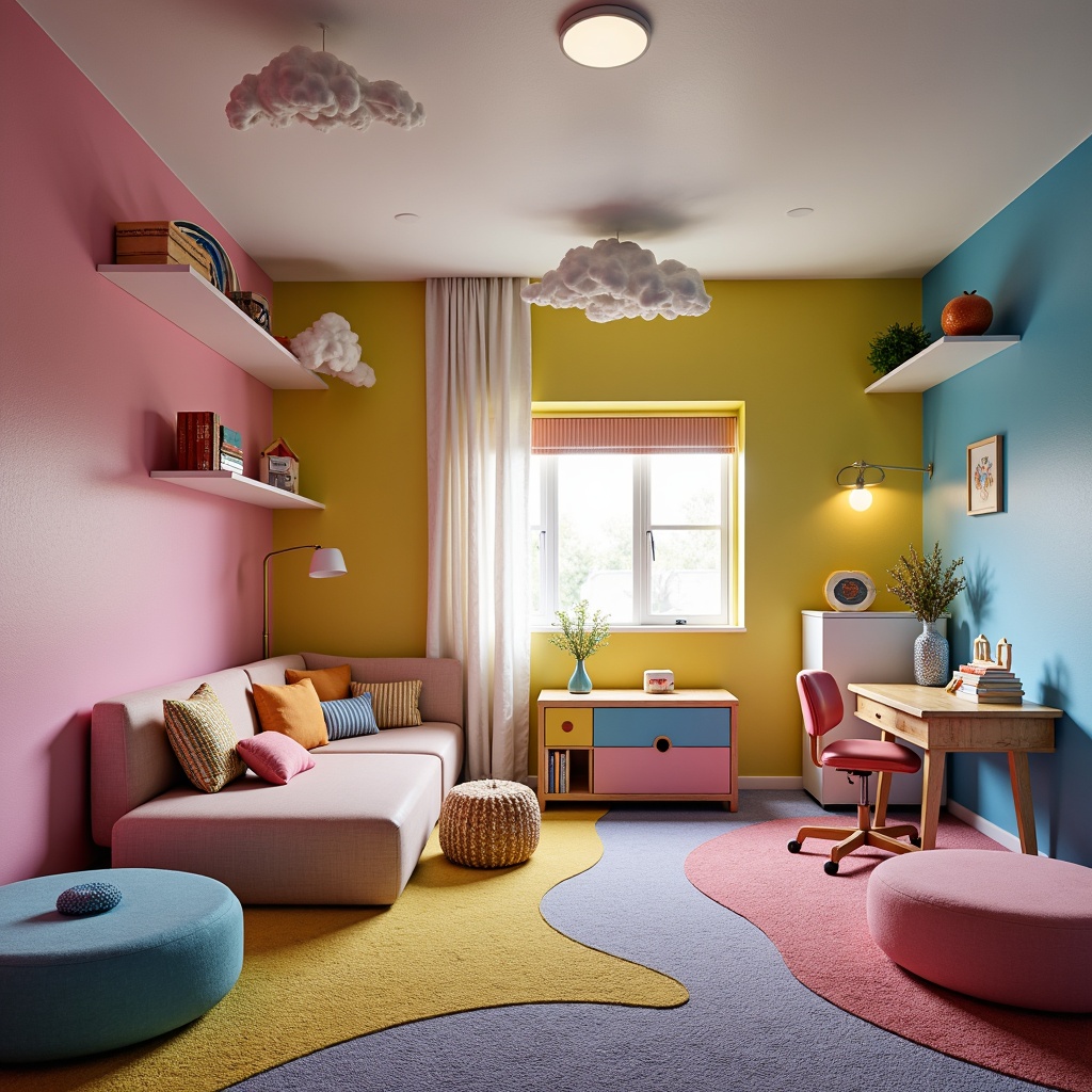 Prompt: Whimsical kids' bedroom, bold colorful walls, playful patterned carpets, curvy postmodern furniture, irregular shapes, vibrant hues, eclectic mix of textures, soft cushions, chunky pillows, fantasy-inspired decorations, adventurous lighting fixtures, suspended cloud-shaped ceiling installations, minimalist desk designs, futuristic storage units, interactive toys, virtual reality playsets, dreamy atmospheric ambiance, warm cozy mood, shallow depth of field, 1/2 composition, soft focus effect, pastel color palette.