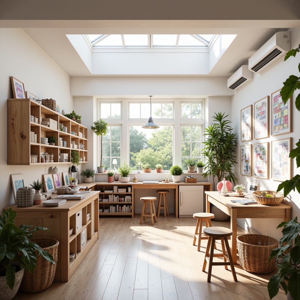 Prompt: Vibrant crafting studio, natural light pouring in, large skylight, white walls, wooden worktables, colorful craft supplies, woven baskets, comfortable stools, soft pastel hues, warm task lighting, pendant lamps, under-cabinet lights, LED strips, indirect ambient illumination, airy feel, minimal shadows, 1/2 composition, shallow depth of field, realistic textures.