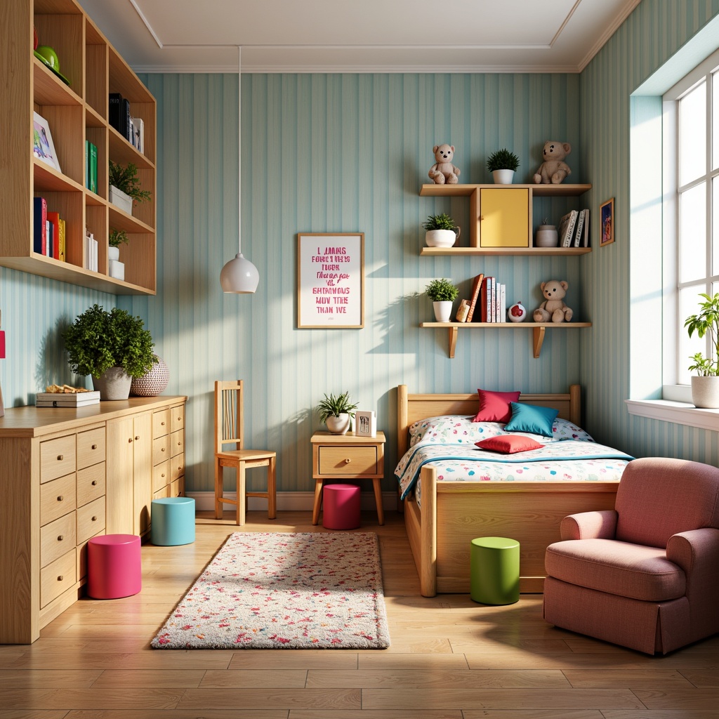 Prompt: Vibrant kids' bedroom, playful furniture, sturdy wooden frames, soft cushions, bright colors, fun patterns, kid-sized chairs, tiny desks, colorful storage bins, educational wall decals, inspirational quotes, cozy reading nooks, warm lighting, shallow depth of field, 1/1 composition, realistic textures, ambient occlusion.