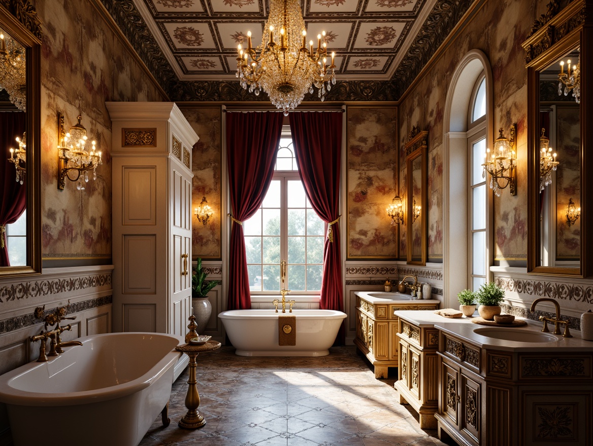 Prompt: Luxurious Renaissance bathroom, ornate gold fixtures, marble countertops, intricately carved wooden cabinets, freestanding tubs, crystal chandeliers, velvet drapes, rich wood paneling, antique mirrors, decorative frescoes, arched windows, soft warm lighting, shallow depth of field, 3/4 composition, realistic textures, ambient occlusion.