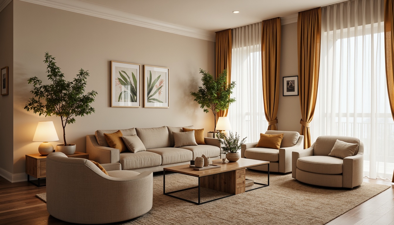 Prompt: Cozy living room, plush throw pillows, soft velvet sofas, warm beige carpets, natural linen fabrics, organic cotton upholstery, subtle herringbone patterns, calming botanical prints, earthy tone color palette, gentle ambient lighting, inviting atmosphere, comfortable seating arrangements, decorative floor lamps, rich wood accents, modern minimalist decor, elegant curtain draping.