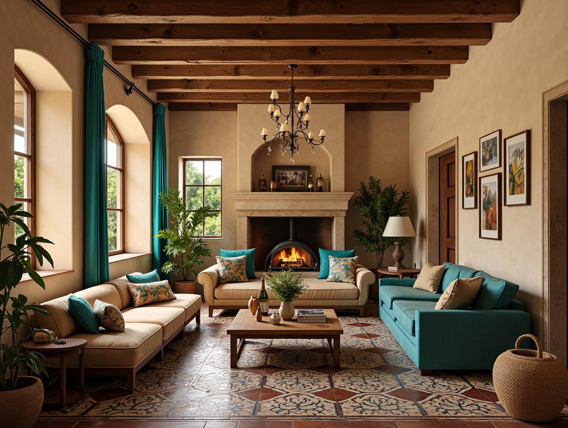 Prompt: Warm beige walls, rustic wooden furniture, plush velvet sofas, ornate tile floors, vibrant turquoise accents, decorative Moroccan patterns, lush greenery, natural stone fireplaces, distressed wood beams, elegant chandeliers, soft warm lighting, shallow depth of field, 3/4 composition, cozy reading nooks, family photos, Mediterranean-inspired color palette, earthy textures, ambient occlusion.