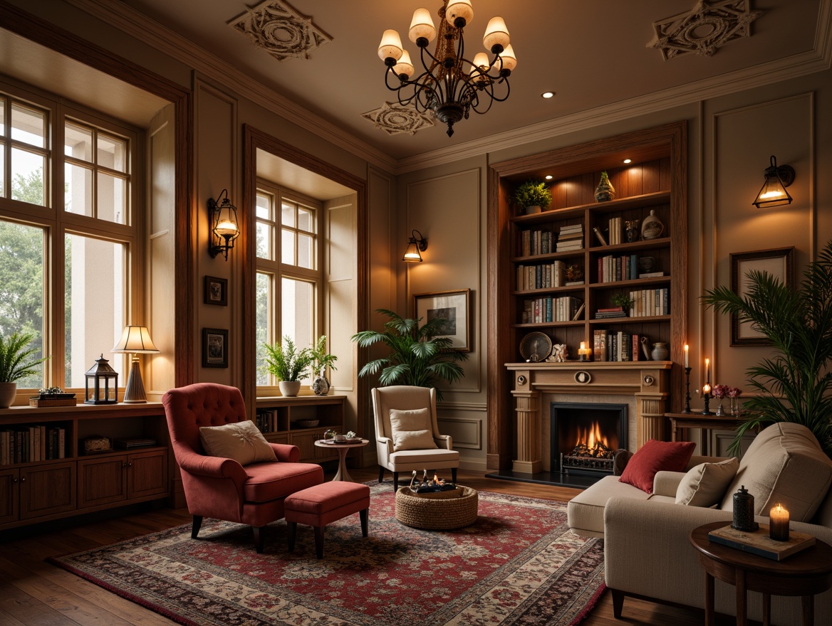 Prompt: Warm traditional living room, rich wood tones, ornate furniture, soft beige walls, classic chandelier, elegant pendant lights, rustic metal lanterns, warm candlelight, cozy reading nook, plush velvet armchair, vintage rugs, decorative ceiling medallions, subtle warm color palette, inviting atmosphere, shallow depth of field, 1/1 composition, realistic textures, ambient occlusion.