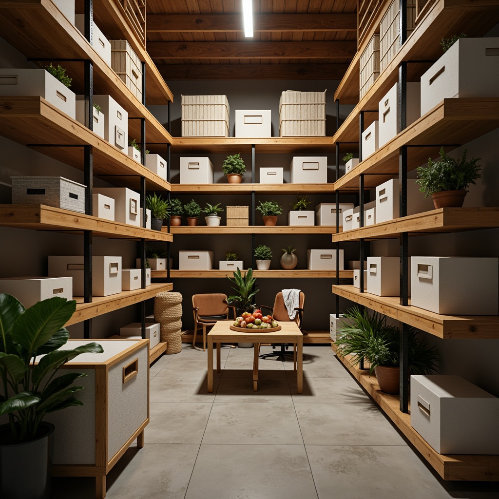 Prompt: Cozy storage room, warm wooden shelves, sturdy metal racks, durable plastic bins, soft fabric storage cubes, industrial-style concrete floors, modern minimalist decor, bright white LED lighting, shallow depth of field, 3/4 composition, realistic textures, ambient occlusion.