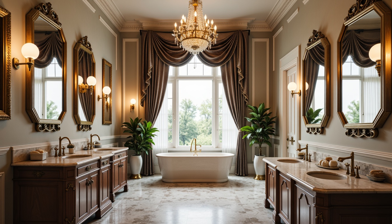 Prompt: Elegant bathroom, classic ornate mirrors, marble countertops, porcelain sinks, golden faucets, crystal chandeliers, freestanding tubs, Victorian-style cabinetry, decorative moldings, soft warm lighting, natural stone flooring, luxurious textiles, velvet drapes, floral patterns, subtle color palette, 1/1 composition, shallow depth of field, realistic textures, ambient occlusion.