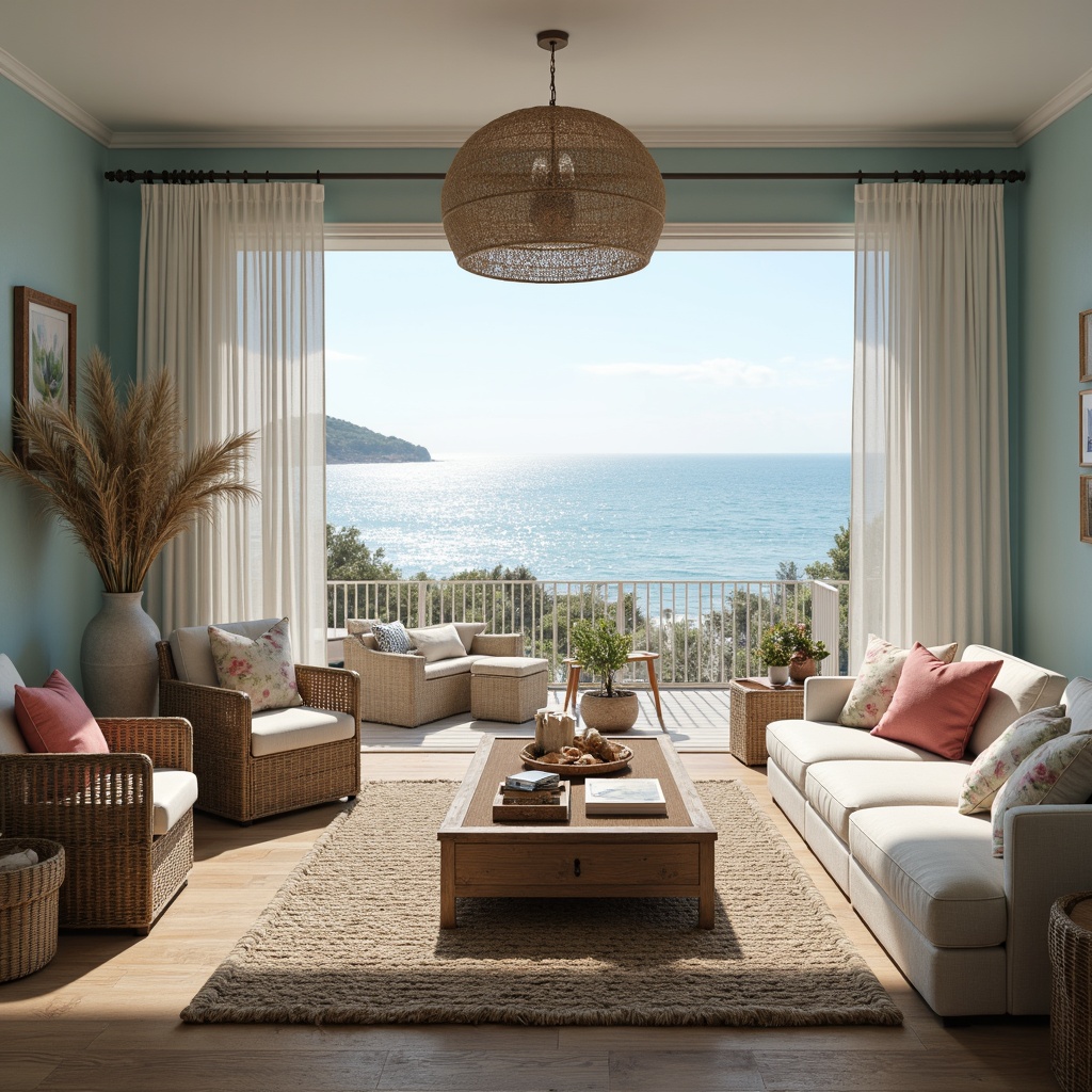 Prompt: Coastal living room ambiance, ocean-inspired color palette, calming blue hues, sandy beige tones, coral pink accents, natural fabrics, linen upholstery, jute rugs, woven sea grass baskets, driftwood decorative items, nautical rope details, seashell-patterned throw pillows, ocean-breeze-inspired textiles, sheer curtains, billowy white drapes, soft warm lighting, cozy reading nook, comfortable sectional sofa, reclaimed wood coffee table, vintage marine instruments, panoramic ocean views, serene coastal scenery.