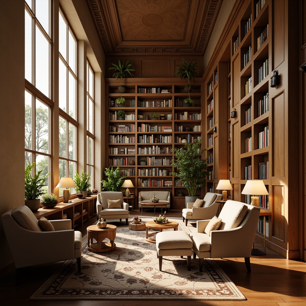 Prompt: Cozy library interior, warm beige tones, comfortable seating areas, plush armchairs, wooden coffee tables, soft cushions, elegant lamps, floor-to-ceiling bookshelves, rich wood paneling, classic architecture, high ceilings, large windows, natural light pouring in, warm afternoon ambiance, soft focus, 1/2 composition, shallow depth of field, realistic textures, ambient occlusion.