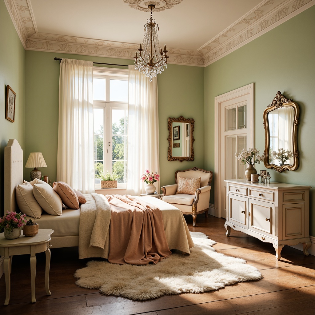 Prompt: Soft, feminine bedroom, distressed vintage furniture, pastel hues, gentle peach tones, muted sage greens, creamy whites, warm beige accents, lace trim details, floral patterns, ornate mirrors, crystal chandeliers, plush area rugs, billowy curtains, natural light pouring in, airy feel, romantic ambiance, dreamy atmosphere, warm golden lighting, 1/1 composition, shallow depth of field, realistic textures, subtle color gradations.