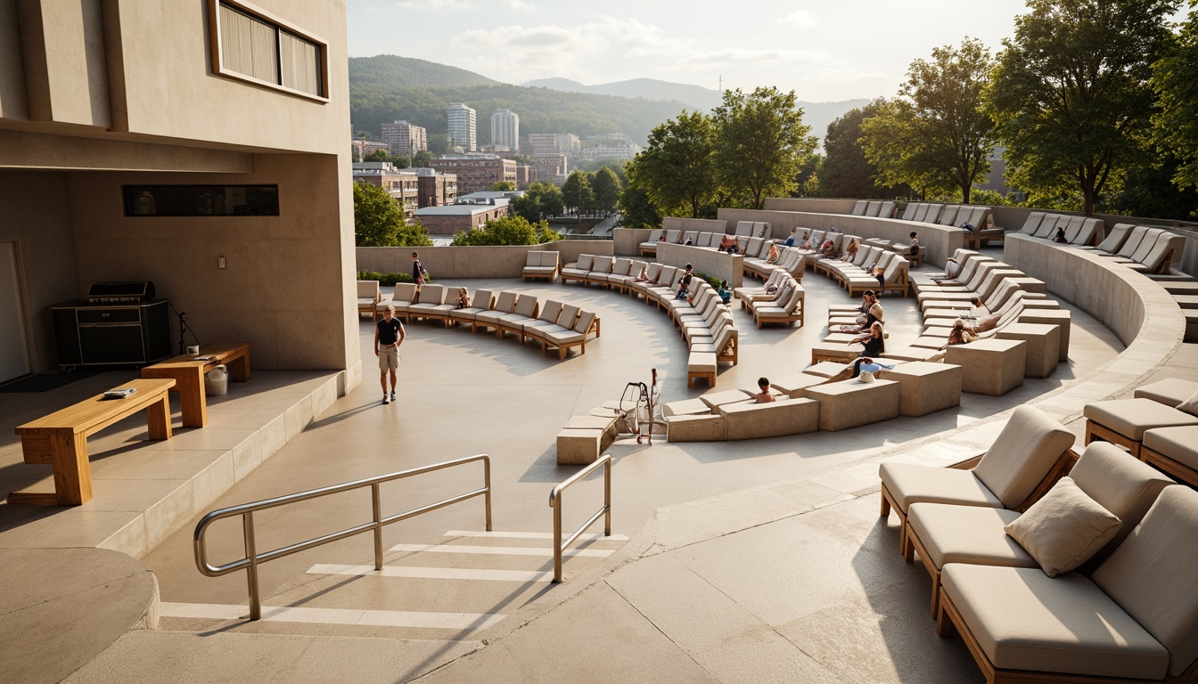 Prompt: Sleek amphitheater, curved rows of seating, polished stainless steel handrails, modernist architecture, streamlined design, gentle slope, comfortable cushioned chairs, ample legroom, minimalistic aesthetic, subtle ambient lighting, warm beige color scheme, acoustic sound system, professional stage equipment, panoramic cityscape views, bustling urban atmosphere, soft afternoon sunlight, shallow depth of field, 2/3 composition, realistic textures, ambient occlusion.