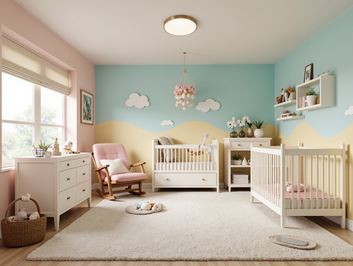 Prompt: Whimsical baby nursery, soft pastel colors, gentle curves, plush carpets, wooden cribs, comfortable gliders, vibrant wall art, playful mobiles, creamy white furniture, natural wood tones, rounded edges, safety latches, storage compartments, changing stations, cozy reading nooks, warm floor lamps, dreamy cloud ceilings, 1/1 composition, softbox lighting, realistic textures, subtle ambient occlusion.