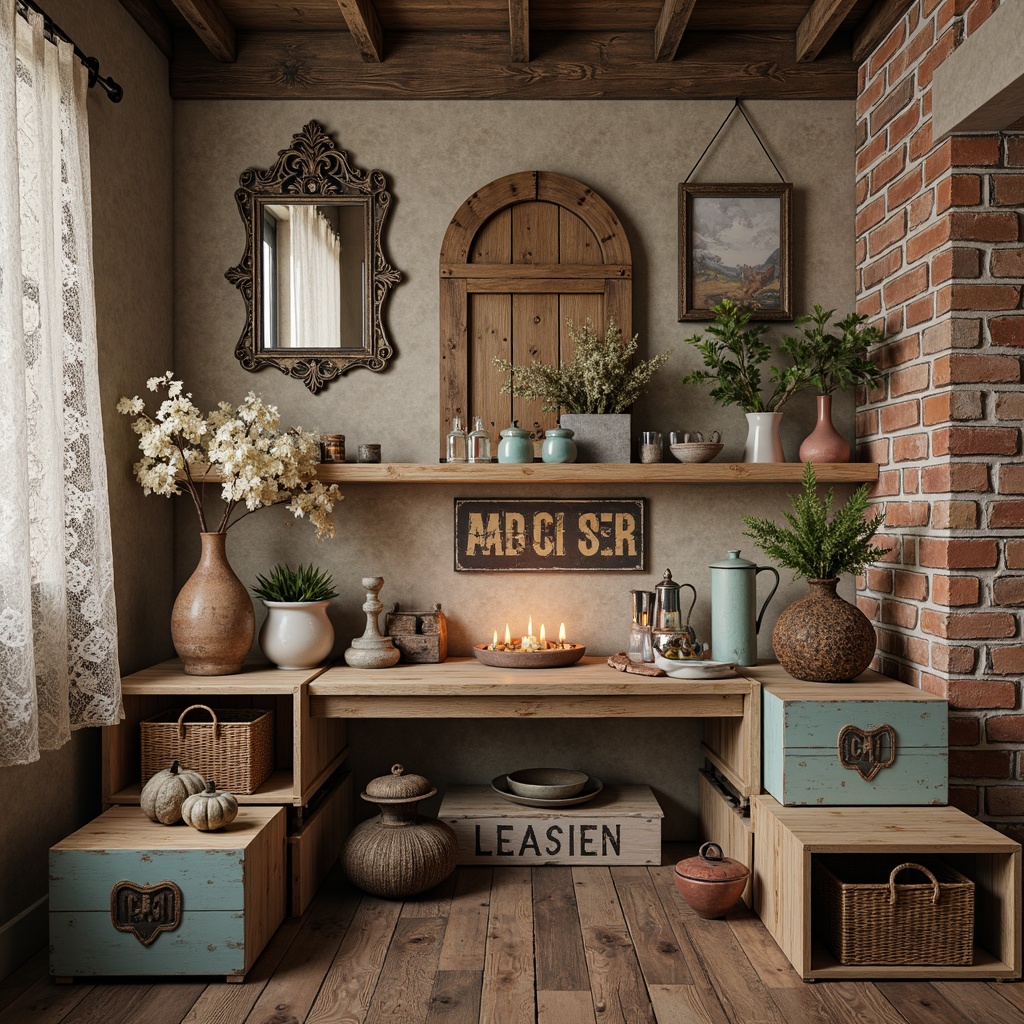 Prompt: Rustic wooden crates, distressed finishes, vintage metal signs, soft pastel colors, lace curtains, ornate mirrors, decorative apothecary jars, antique scales, woven wicker baskets, farmhouse-style shelves, reclaimed wood accents, exposed brick walls, warm candlelight, 1/2 composition, intimate atmosphere, realistic textures, ambient occlusion.