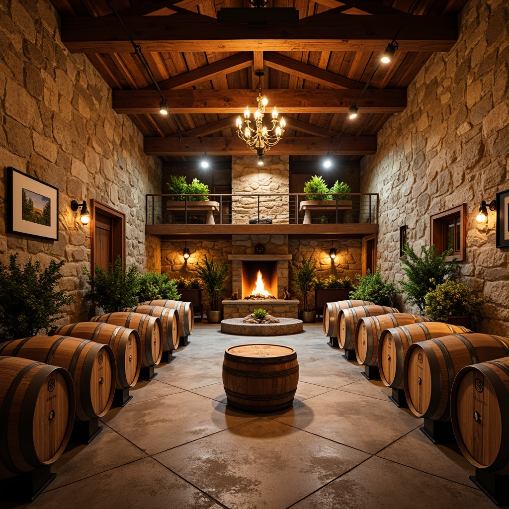 Prompt: Rustic winery interior, warm golden lighting, soft ambient glow, wooden barrel accents, vintage wine-making equipment, earthy stone walls, reclaimed wood flooring, cozy fireplaces, lush greenery, natural textiles, elegant chandeliers, industrial metal fixtures, dimmable LED strips, warm color temperatures, high ceiling, exposed wooden beams, dramatic spotlights, intimate corner spaces, softbox lighting, 1/1 composition, shallow depth of field, realistic textures.