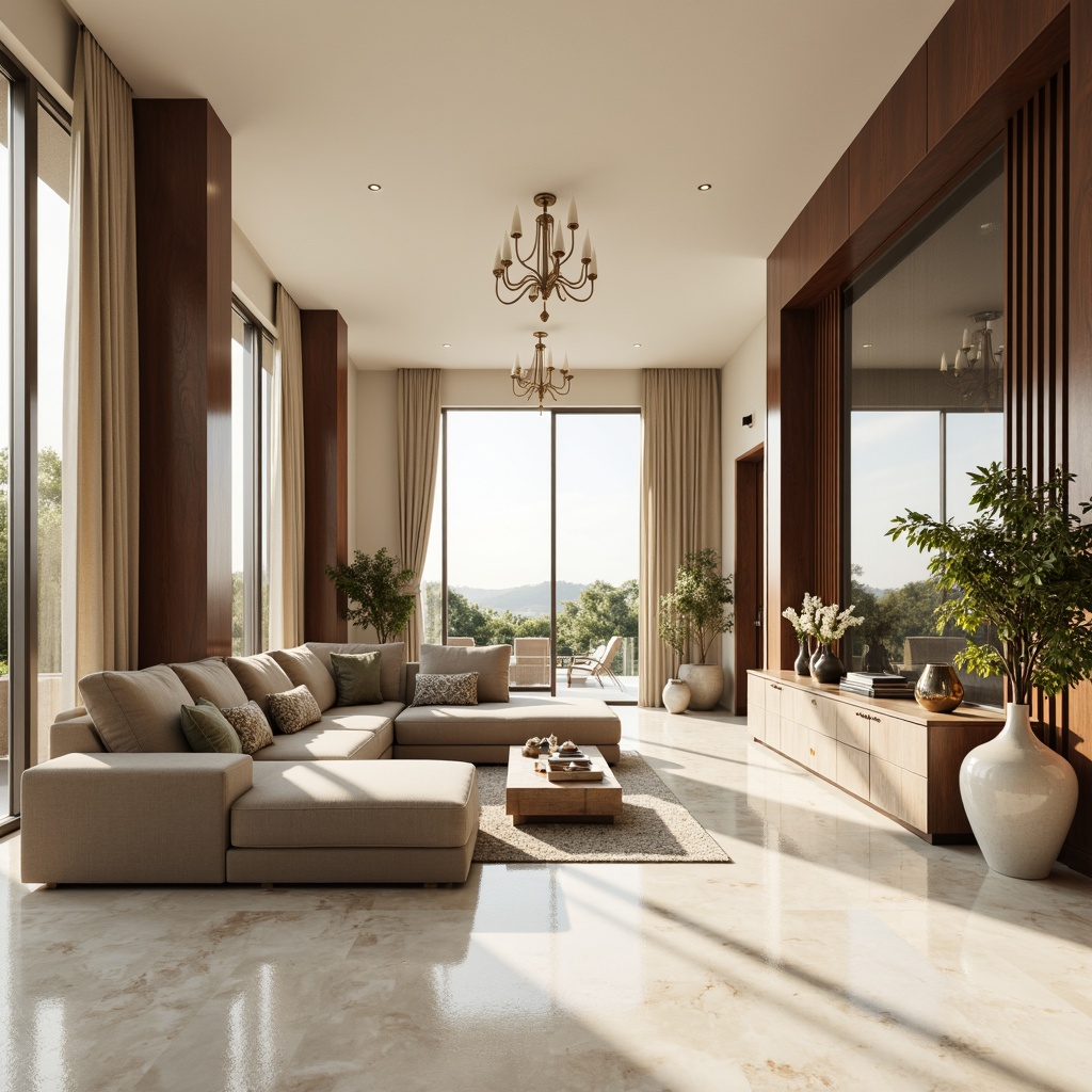 Prompt: Luxurious villa interior, modern minimalist aesthetic, creamy white marble floors, sleek walnut wood accents, floor-to-ceiling windows, natural light pouring in, soft warm beige walls, elegant chandeliers, plush area rugs, comfortable sectional sofas, metallic chrome hardware, rich velvet upholstery, subtle texture contrasts, ambient mood lighting, 1/2 composition, shallow depth of field, realistic reflections, high-end finishes.