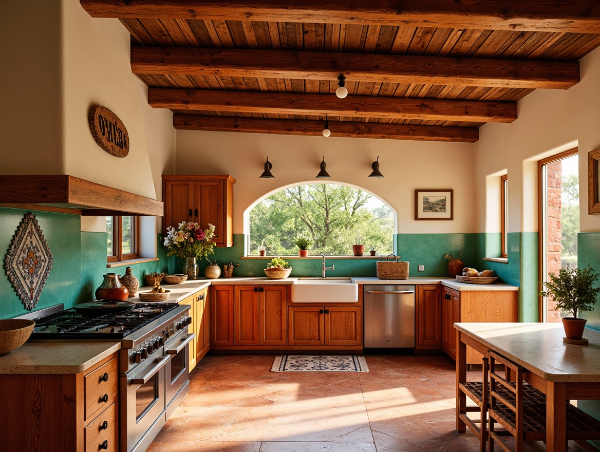 Prompt: Vibrant southwestern kitchen, earthy terracotta floors, rustic wooden cabinets, turquoise accents, warm golden lighting, natural stone countertops, sandy beige walls, woven textiles, desert-inspired patterns, bold red and orange hues, soft creamy whites, distressed wood finishes, Talavera tile backsplashes, wrought iron fixtures, Mediterranean-style archways, lush greenery, morning sunlight, shallow depth of field, 3/4 composition, realistic textures, ambient occlusion.