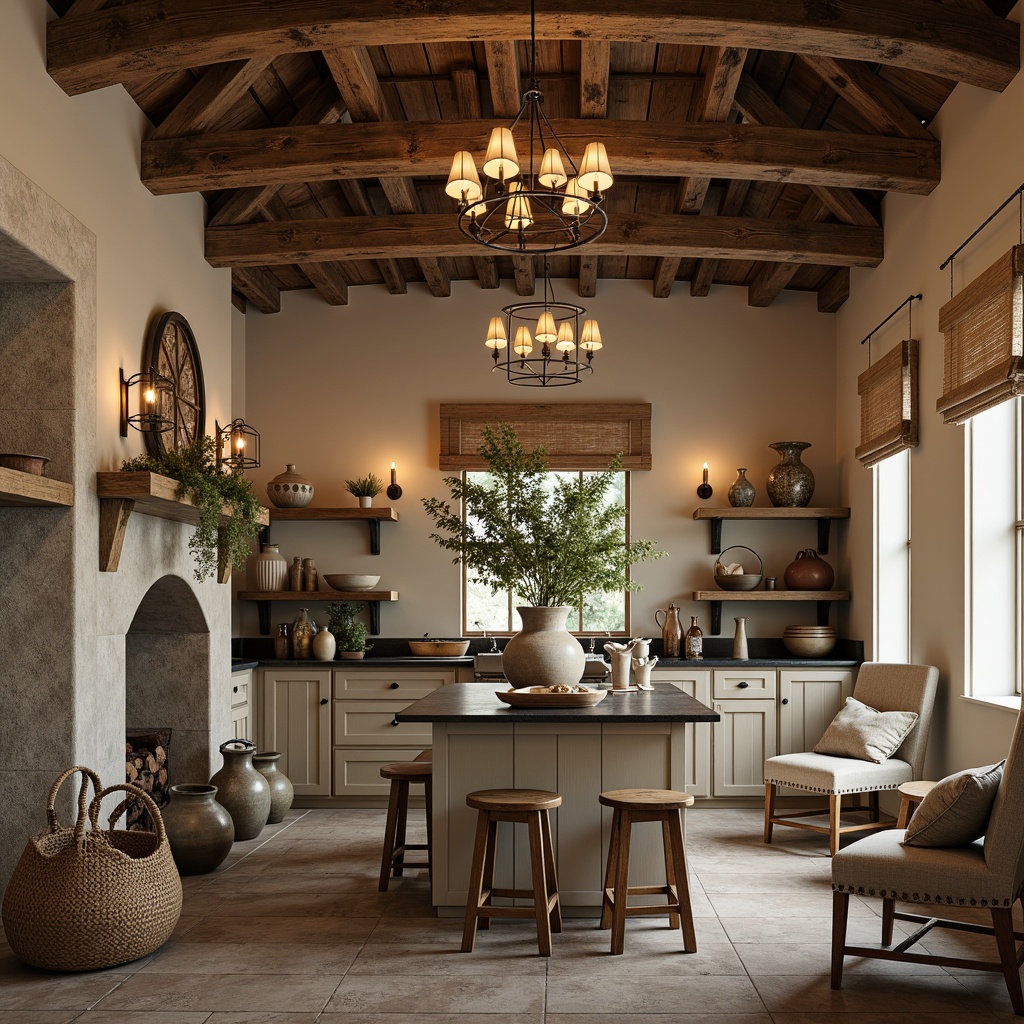 Prompt: Rustic farmhouse interior, wooden beams, vintage metal lanterns, pendant lighting, distressed finishes, earthy color palette, natural textures, woven baskets, ceramic vases, antique furniture pieces, stone fireplaces, soft warm glow, cozy ambiance, farmhouse-style chandeliers, candlelight, pendant lights above kitchen island, rustic metal shades, linen fabric shades, warm beige tones, traditional country decor.