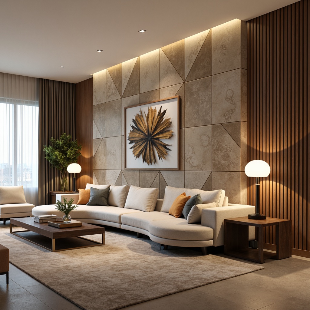 Prompt: Luxurious living room, accent wall, statement piece, bold geometric patterns, metallic finishes, rose gold accents, sleek glass surfaces, modern minimalist decor, abstract artwork, ambient lighting, warm beige tones, textured wallpaper, 3D paneling, natural stone veneers, rich wood grains, soft focus photography, shallow depth of field, 1/2 composition.