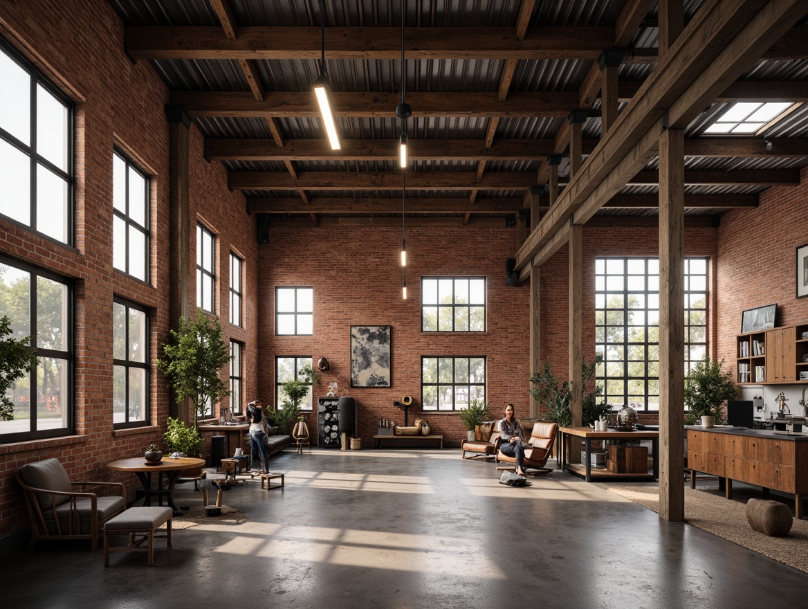 Prompt: Rustic warehouse conversion, exposed brick walls, metal beams, reclaimed wood accents, industrial lighting fixtures, distressed finishes, earthy color palette, vintage machinery displays, concrete floors, steel windows, minimalist decor, functional furniture pieces, urban loft atmosphere, soft natural light, shallow depth of field, 1/1 composition, realistic textures, ambient occlusion.