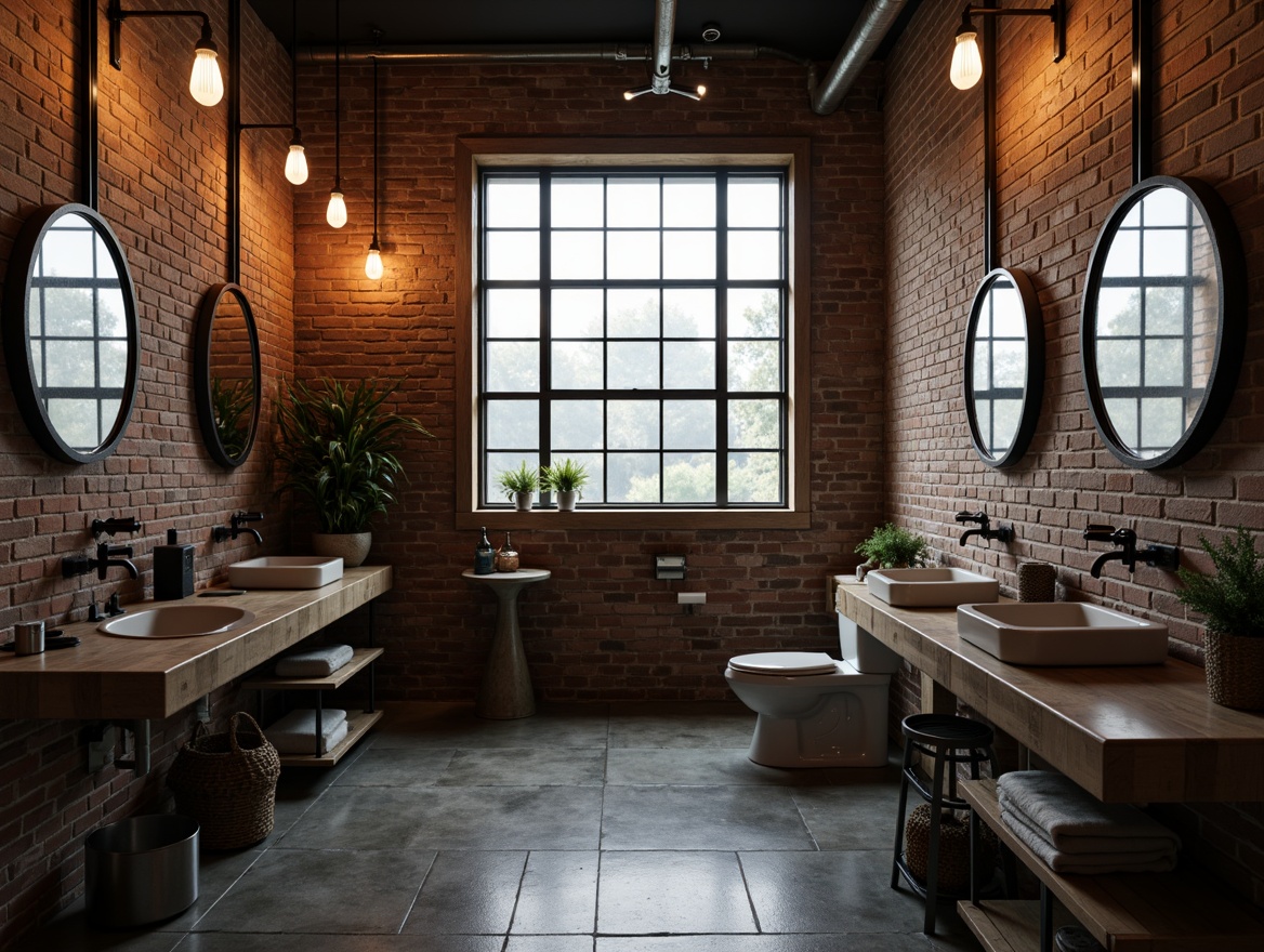 Prompt: Exposed brick walls, industrial chic powder rooms, stylish lighting fixtures, metal shade pendants, Edison bulb chandeliers, reclaimed wood accents, distressed finishes, urban loft atmosphere, metallic color schemes, moody dimmable lighting, concrete floors, vintage factory windows, minimalist decor, functional pipe shelving, brutalist architecture, raw concrete textures, atmospheric misty lighting, 1/2 composition, dramatic shadows, realistic reflections.