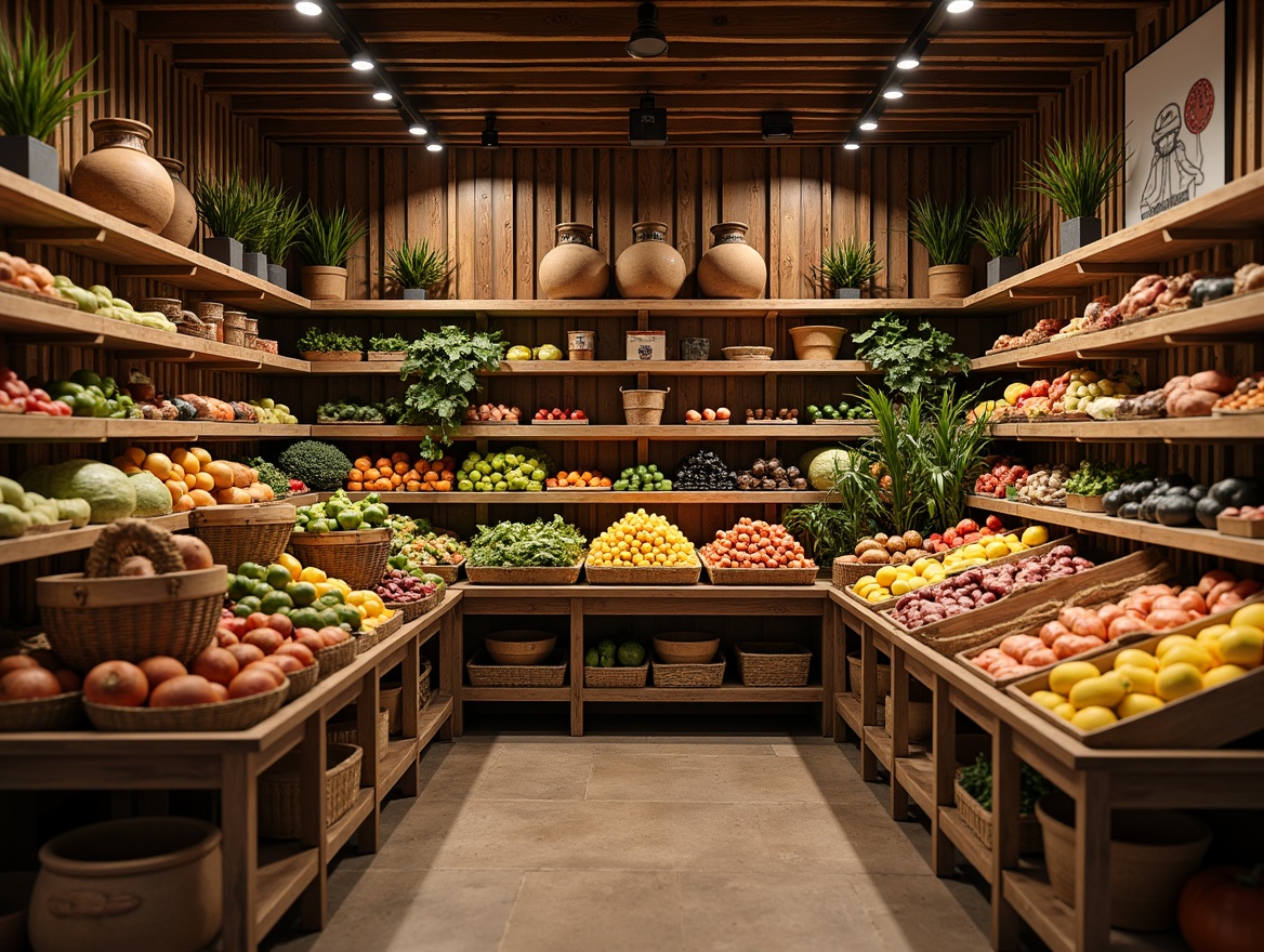 Prompt: Warm traditional grocery store, wooden shelves with ornate carvings, distressed finishes, rustic metal brackets, abundant fresh produce, vibrant colorful fruits, crisp vegetables, overflowing baskets, woven wicker containers, earthy terracotta pots, decorative ceramic vases, soft warm lighting, shallow depth of field, 2/3 composition, cozy atmosphere, natural textures, subtle shadows.