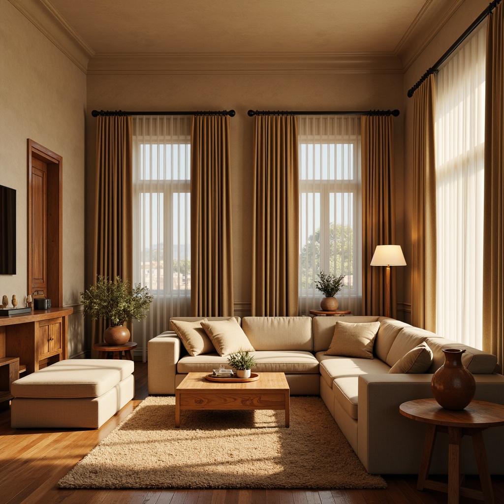 Prompt: Cozy living room, warm beige walls, rich wood furniture, plush velvet sofas, soft cream accents, earthy terracotta vases, natural fiber rugs, inviting ambiance, relaxing atmosphere, warm golden lighting, shallow depth of field, 1/2 composition, realistic textures, ambient occlusion.