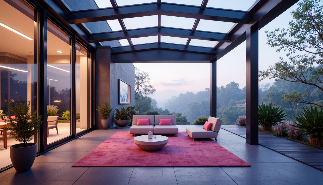 Prompt: Vibrant sunroom interior, futuristic architecture design, metallic frames, retractable glass roofs, sleek minimalist furniture, ambient LED lighting, pastel-colored accents, neon-lit cityscape views, misty morning atmosphere, soft natural textures, 1/1 composition, shallow depth of field, warm sunny day, realistic reflections, advanced smart home systems, eco-friendly sustainable materials.