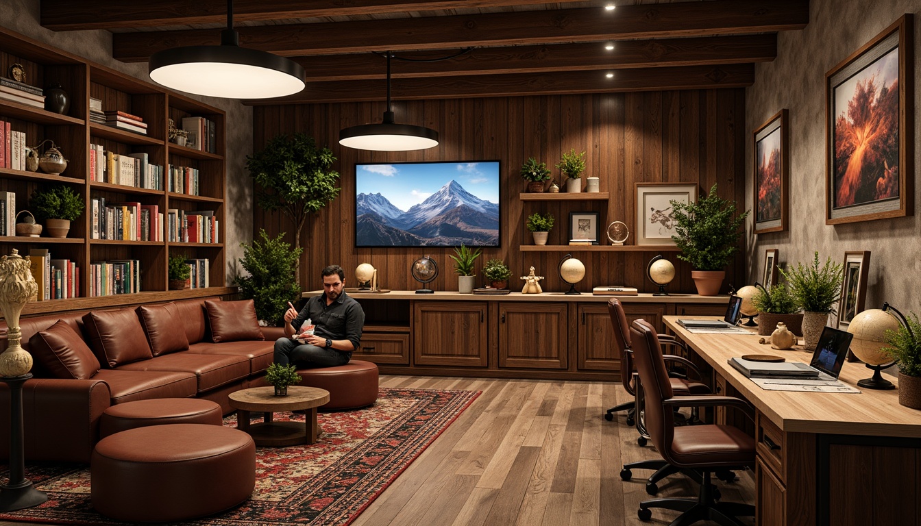 Prompt: Rustic game room, wooden accents, leather-bound books, vintage globes, warm pendant lighting, plush area rugs, ergonomic gaming chairs, wooden desk surfaces, metal frame shelving, rich wood paneling, comfortable lounge seating, modern minimalist decor, vibrant color schemes, natural textures, cozy reading nooks, softbox lighting, shallow depth of field, 3/4 composition, realistic renderings, ambient occlusion.