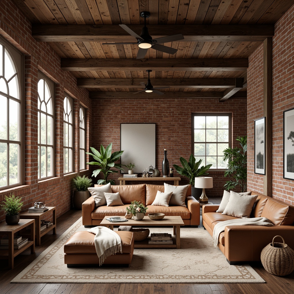 Prompt: Rustic warehouse farmhouse, exposed brick walls, reclaimed wood accents, vintage metal beams, distressed leather furniture, natural fiber textiles, woven baskets, earthy tone color palette, soft warm lighting, shallow depth of field, 1/1 composition, realistic textures, ambient occlusion, organic patterns, natural fabrics, linen upholstery, cotton lace, burlap details, eclectic decorative accessories, potted greenery, industrial metal decorations.