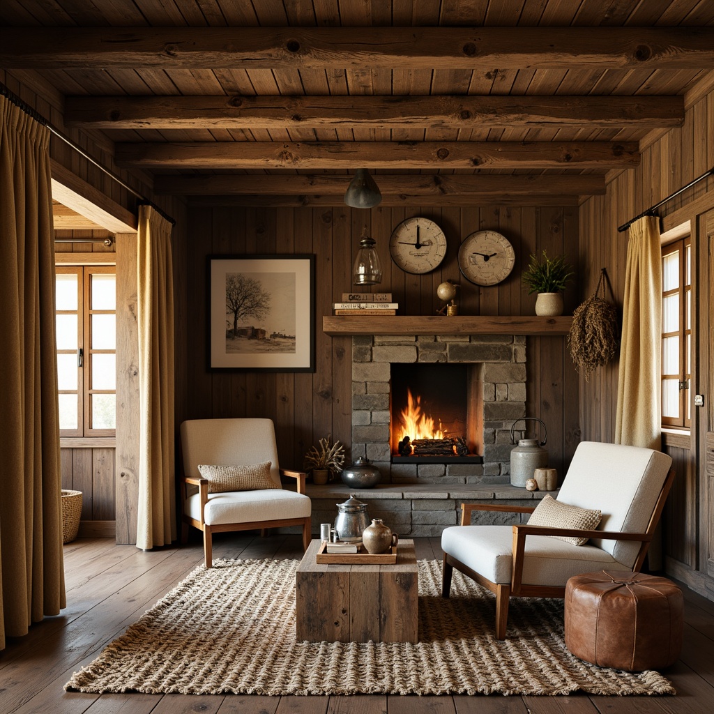 Prompt: Rustic cabin, wooden accents, earthy tones, woven jute rugs, natural fiber textiles, linen upholstery, burlap drapes, distressed leather armchairs, vintage metal lanterns, reclaimed wood walls, stone fireplace, cozy ambiance, warm golden lighting, shallow depth of field, 2/3 composition, inviting atmosphere, organic textures, subtle color palette.