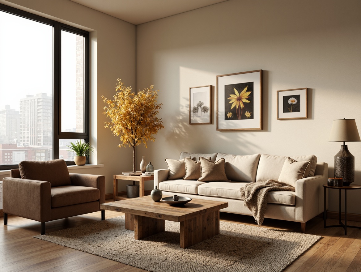 Prompt: Cozy living room, plush sofas, velvet armchairs, reclaimed wood coffee tables, minimalist decor, industrial chic accents, soft warm lighting, creamy beige walls, natural fiber rugs, comfortable throw pillows, modern art pieces, large windows, cityscape views, 3/4 composition, realistic textures, ambient occlusion.