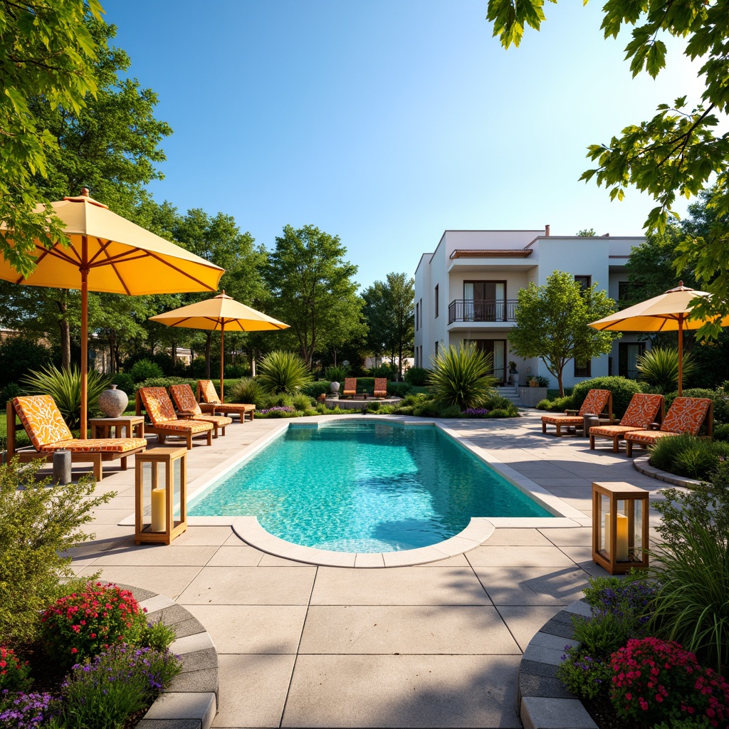 Prompt: Vibrant pool area, turquoise water, sunny day, lush greenery, colorful outdoor furniture, patterned umbrellas, bright lanterns, bold tile accents, mosaic art pieces, natural stone coping, tropical plants, blooming flowers, warm golden lighting, shallow depth of field, 1/1 composition, panoramic view, realistic textures, ambient occlusion.