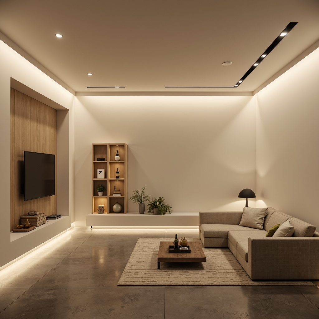 Prompt: Minimalist living room, soft warm glow, subtle LED strips, recessed ceiling lights, sleek floor lamps, matte white walls, polished concrete floors, sparse furniture arrangement, low-profile shelving units, hidden storage compartments, ambient indirect lighting, gentle color temperature, 1/1 composition, shallow depth of field, realistic textures, natural materials, organic shapes, calming atmosphere.