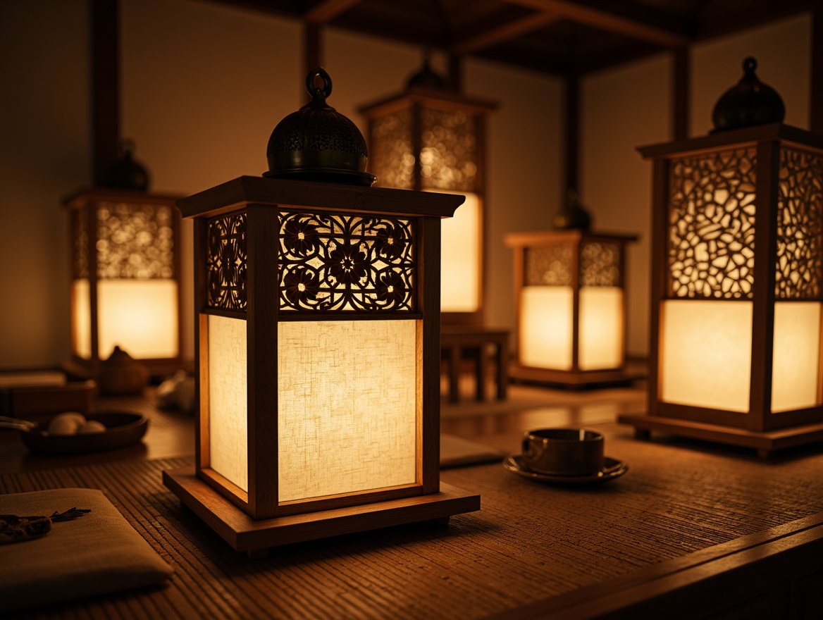 Prompt: Traditional Japanese lanterns, intricately carved wooden fixtures, soft warm glow, paper-thin shades, minimalist metal frames, delicate rice paper textures, subtle bronze accents, natural linen shades, woven bamboo patterns, earthy tone finishes, ambient warm lighting, cozy intimate spaces, serene Asian-inspired ambiance, traditional tatami mats, shoji screens, natural wood tones, gentle diffused light, 1/1 composition, realistic material textures.