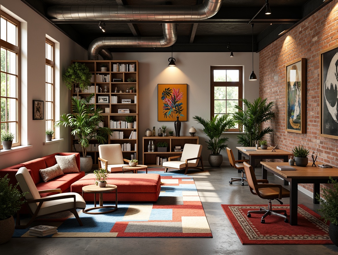 Prompt: Vibrant eclectic workspace, bold color scheme, mixed patterns, contrasting textures, industrial chic furniture, reclaimed wood accents, metal beams, exposed brick walls, large windows, natural light, cozy reading nooks, plush area rugs, statement lighting fixtures, abstract artwork, eclectic decorative objects, lush greenery, open shelving units, ergonomic desk chairs, collaborative workstations, minimalist storage solutions, warm ambient lighting, shallow depth of field, 1/1 composition, realistic textures, soft focus effect.