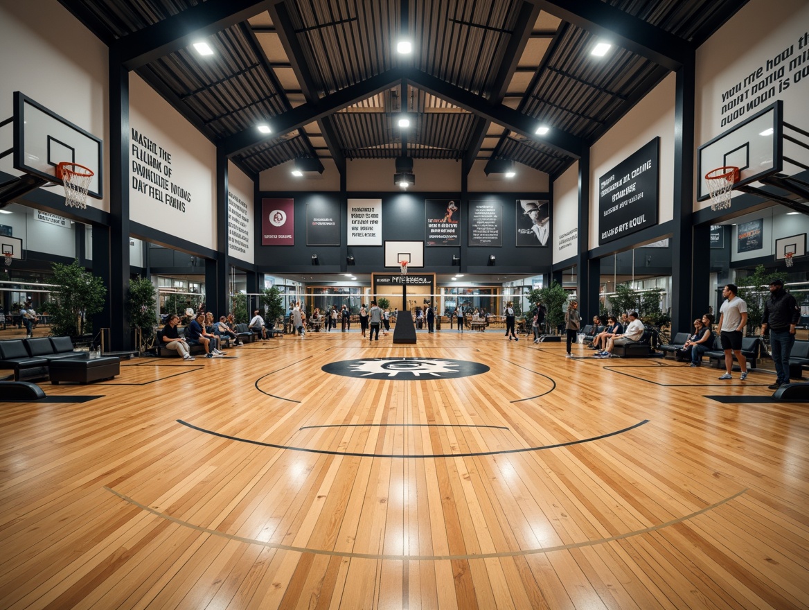 Prompt: Modern gymnasium interior, high ceilings, polished wooden floors, athletic equipment, basketball hoops, volleyball nets, exercise machines, mirrored walls, motivational quotes, bright LED lighting, warm color temperature, softbox diffusers, indirect cove lighting, suspended ceiling fixtures, dramatic spotlights, 3-point lighting setup, shallow depth of field, realistic textures, ambient occlusion.