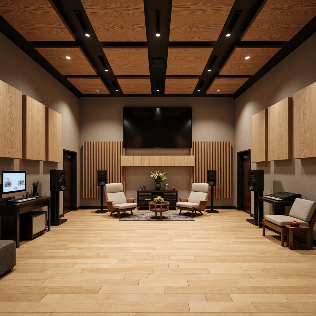 Prompt: Modern recording studio, soundproofed walls, acoustic panels, wooden diffusers, minimalist decor, professional audio equipment, high-ceiling space, natural wood flooring, subtle lighting, warm neutral colors, 3/4 composition, shallow depth of field, realistic textures, ambient occlusion.