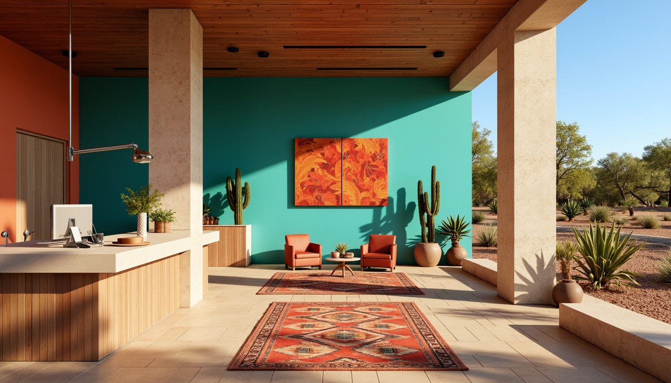 Prompt: Vibrant turquoise walls, warm terracotta floors, sandy beige countertops, rustic wooden accents, natural stone columns, southwestern patterned rugs, bold red and orange artwork, modern minimalist furniture, sleek chrome dental equipment, ambient warm lighting, shallow depth of field, 3/4 composition, panoramic view, realistic textures, desert landscape exterior views, cactus plants, clear blue sky, sunny day.