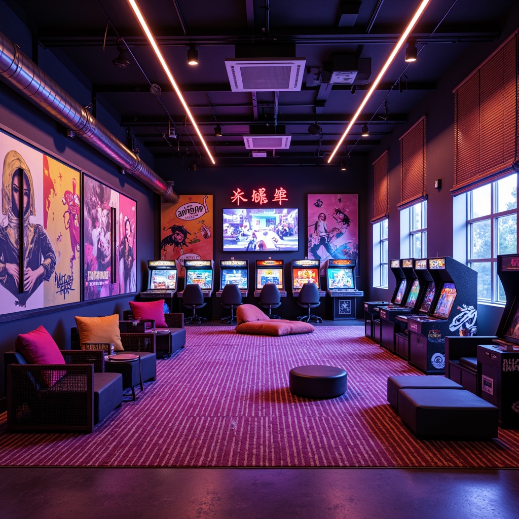 Prompt: Vibrant game room, neon-lit arcade machines, colorful retro posters, plush carpeting, modern minimalist furniture, sleek low-profile TVs, surround sound systems, ambient LED lighting, geometric patterned rugs, industrial-chic metal accents, reclaimed wood decorative walls, futuristic neon signs, cozy reading nooks, oversized bean bags, virtual reality gaming stations, high-tech gadget displays, metallic epoxy floor coatings, dramatic ceiling designs, 3/4 composition, shallow depth of field, cinematic lighting effects.