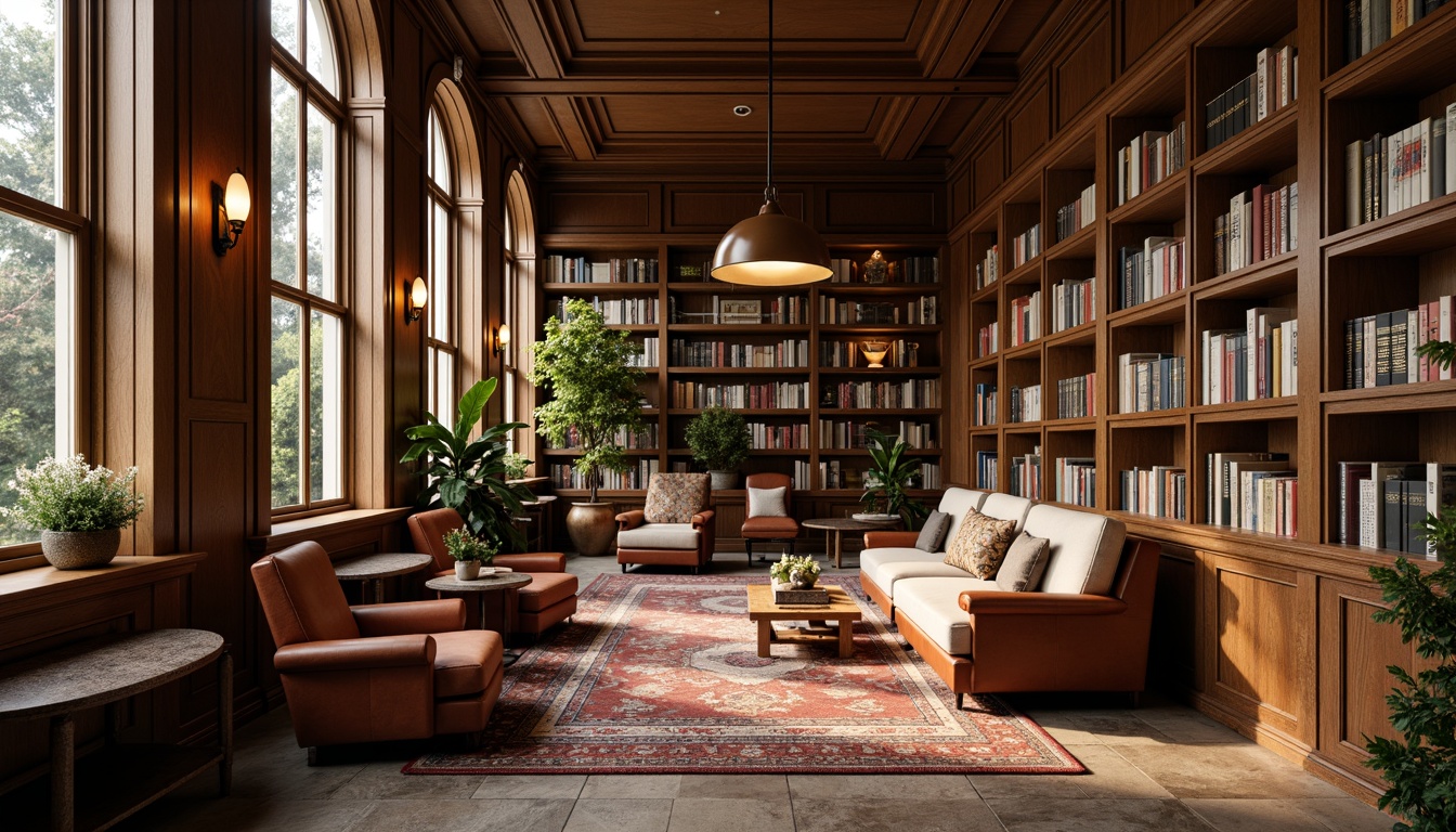 Prompt: Cozy library interior, warm wooden shelves, vintage leather armchairs, plush area rugs, natural stone flooring, earthy color palette, soft warm lighting, floor-to-ceiling bookcases, comfortable reading nooks, elegant wood paneling, minimalist metal accents, geometric patterned textiles, rich velvet fabrics, subtle botanical prints, inviting atmosphere, shallow depth of field, 2/3 composition, realistic textures, ambient occlusion.