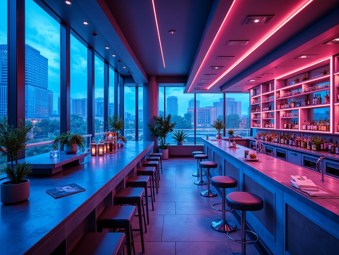 Prompt: Neon-lit home bar, futuristic metallic counters, holographic liquor displays, levitating stools, LED-backlit shelves, glowing cocktail tables, sleek chrome accents, minimalist seating areas, ambient blue lighting, 3D-printed decorative panels, curved glass walls, floor-to-ceiling windows, urban cityscape views, misty atmospheric effects, cinematic camera angles, low-angle shots, futuristic soundtrack.